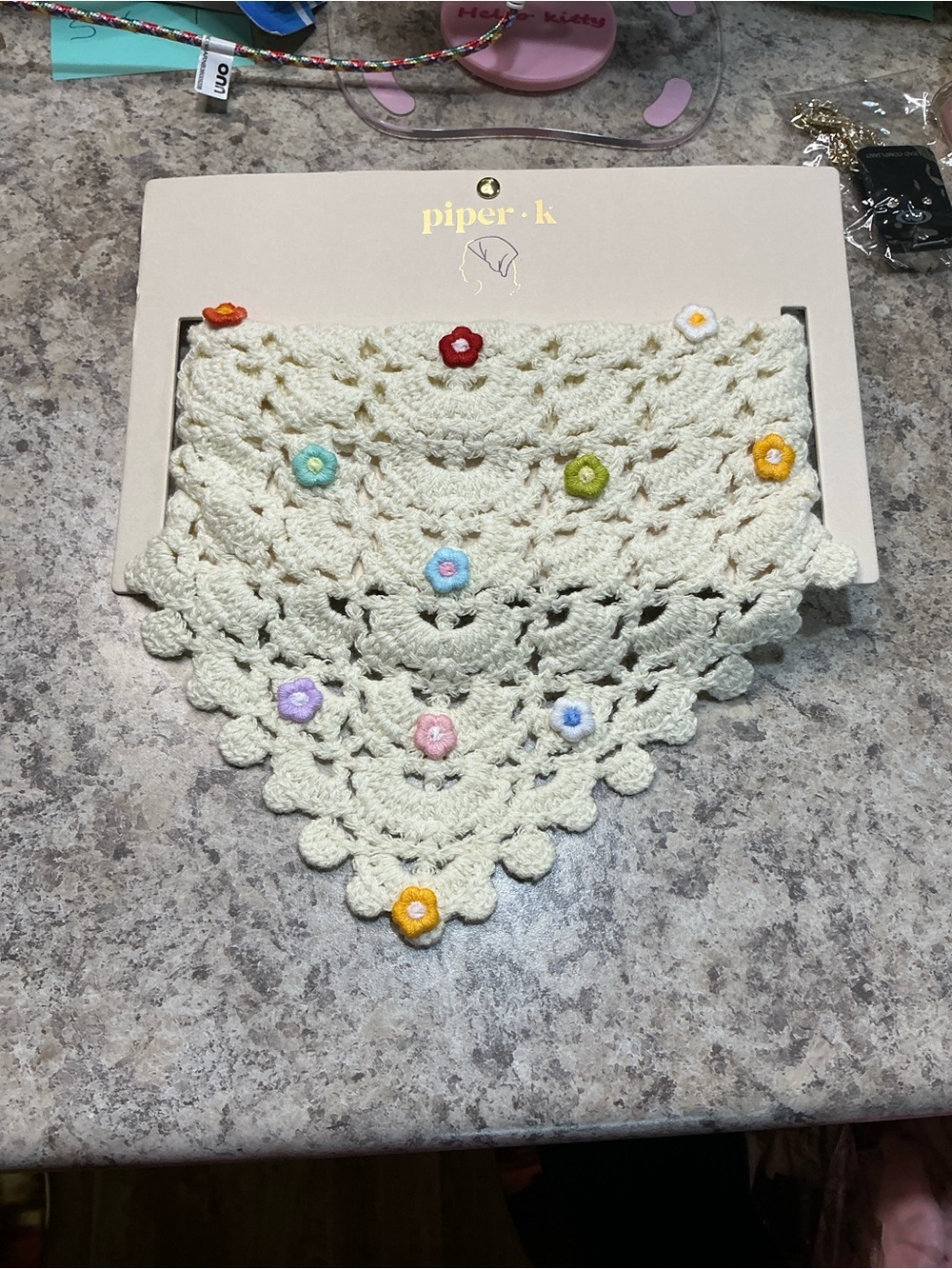 Piper-K Cream Crochet Hair Bandana with Tiny Flower Embellishments.